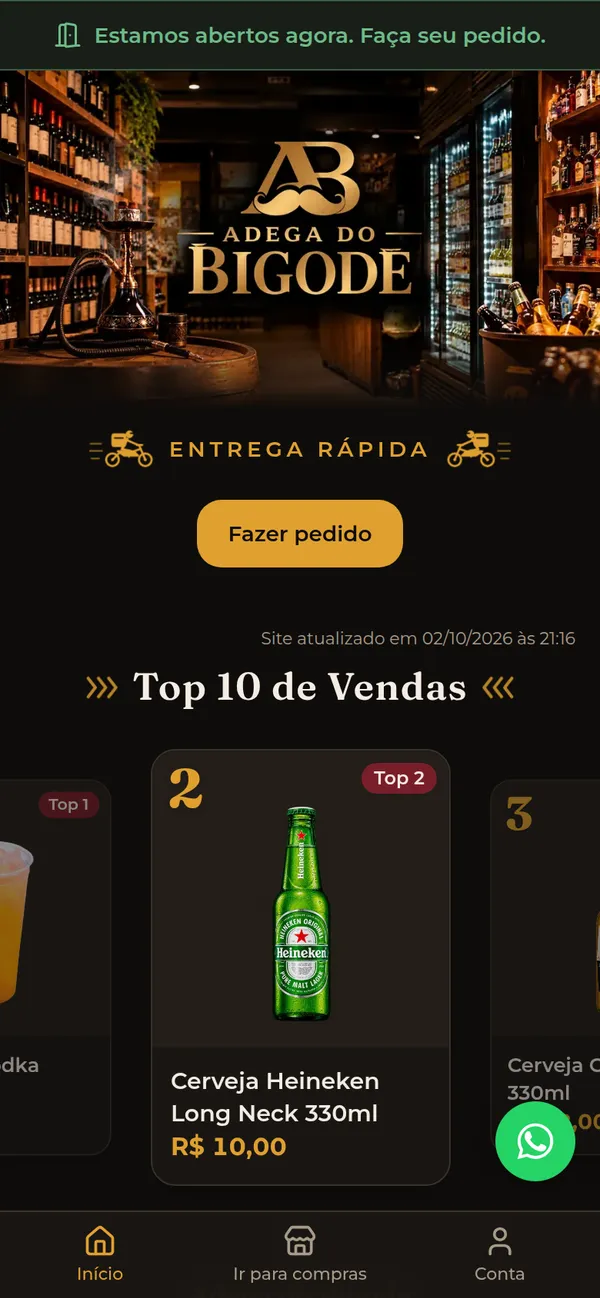 O site da Adega do Bigode aberto no celular: Fazer pedido e Top 10 de vendas